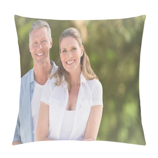 Personality Couple Smiling Against Blurry Green Background Pillow Covers