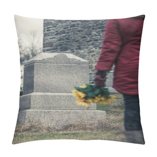 Personality  Close-up Of A Sad In Front Of A Gravestone. Pillow Covers