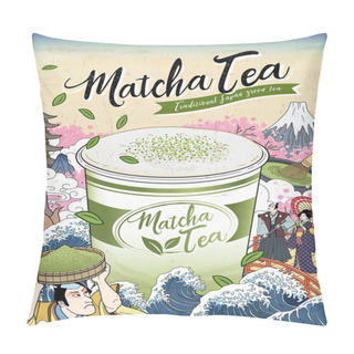Personality  Ukiyo-e Matcha Tea Ads With Giant Takeaway Cup Floating Upon Ocean Tides, Japanese Vintage Art Pillow Covers