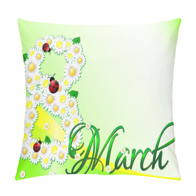 Personality  Holiday Greeting Card With Daisies And Ladybugs On International Women's Day. March 8 Pillow Covers