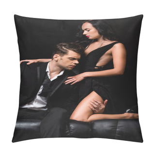 Personality  Man With Closed Eyes Touching Leg Of Seductive Woman In Dress Isolated On Black Pillow Covers