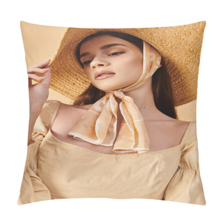 Personality  A Young Woman With Long Brunette Hair Strikes A Stylish Pose Wearing A Hat And Scarf, Exuding A Summery Vibe. Pillow Covers