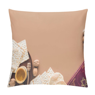 Personality  Top View Of Traditional Book With Text In Hebrew And Matza With Honey On Brown Surface Pillow Covers