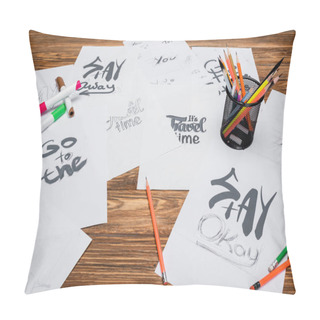 Personality  Papers With Different Words And Phrases, Felt Pens And Color Pencils On Wooden Desk Pillow Covers