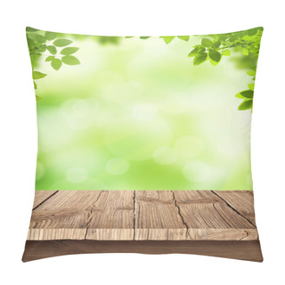 Personality Fresh Spring Green Bokeh Background With Wooden Table For Your Products Displays Pillow Covers