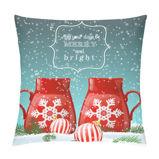 Personality  Two Red Cups With White Snowflake, Winter Theme, Illustration Pillow Covers