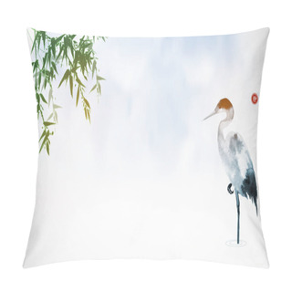 Personality  Heron And Bamboo Leaves In Fog. Traditional Oriental Ink Painting Sumi-e, U-sin, Go-hua. Translation Of Hieroglyph - Silence. Pillow Covers