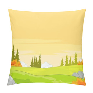 Personality  Tropical Landscape Grass Field Hill With Trees Cartoon Vector Illustration Pillow Covers