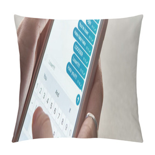 Personality  Panoramic Shot Of Abuser Sending Offensive Messages While Using Smartphone, Illustrative Editorial Pillow Covers