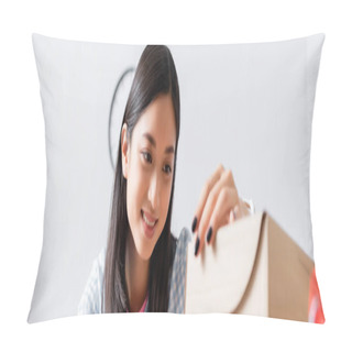 Personality  Happy Asian Volunteer Looking At Carton Box, Banner Pillow Covers