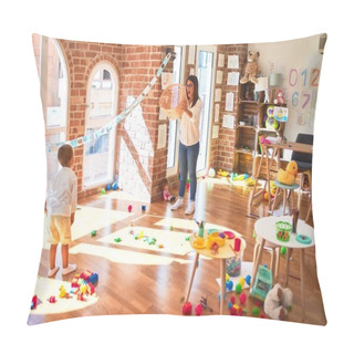 Personality  Beautiful Teacher And Toddler Playing Basketball Using Ball And Wicker Basket Around Lots Of Toys At Kindergarten Pillow Covers