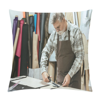 Personality  Concentrated Male Handbag Craftsman In Apron And Eyeglasses Cutting Leather By Scissors At Workshop Pillow Covers