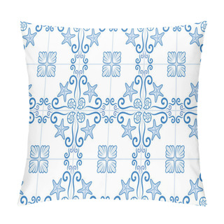 Personality  Ornate Azulejo Styled Tiles With Seaside Theme. Starfish And Shells. Marine Theme In Bleu Color. Vector Illustration. Portuguese And Brazilian Tiles. Pillow Covers