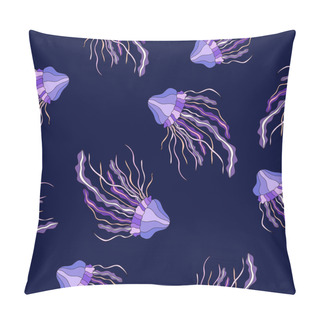 Personality Light Purple Jellyfishes On Violet Background. Seamless Hand Drawn Underwater Fauna Pattern. Pillow Covers