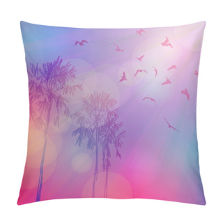Personality  Silhouette Of Palm Trees And Birds, Sky Pink Background, Sunset, Dawn. Vector Pillow Covers