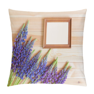 Personality  Blue Wildflowers Lupine Border And Frame On Wooden Background. Pillow Covers