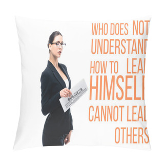 Personality  Confident Businesswoman Holding Newspaper Near Who Does Not Understand Himself Cannot Lead Others Lettering Isolated On White Pillow Covers