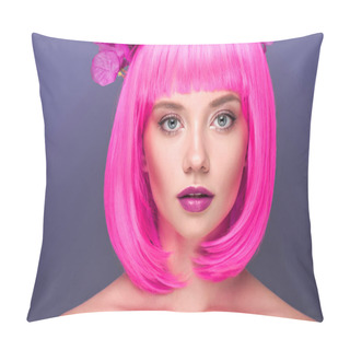 Personality  Close-up Portrait Of Attractive Young Woman With Pink Bob Cut And Flowers In Hair Looking At Camera Isolated On Violet Pillow Covers