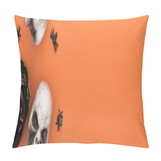 Personality  Top View Of Cupcake, Decorative Skulls And Spiders On Orange Background With Copy Space, Panoramic Shot Pillow Covers