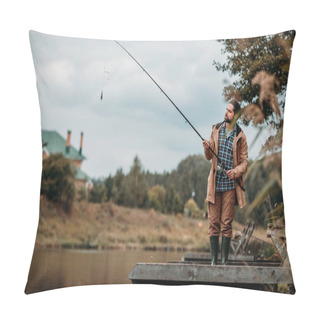 Personality  Man Fishing With Rod At Lake Pillow Covers