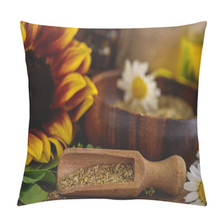 Personality  Selective Focus Of Wooden Spatula With Dried Herbs, Sunflower And Chamomile Flowers On Wooden Surface Pillow Covers