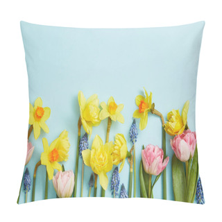 Personality  Top View Of Pink Tulips, Yellow Daffodils And Blue Hyacinths On Blue Background  Pillow Covers