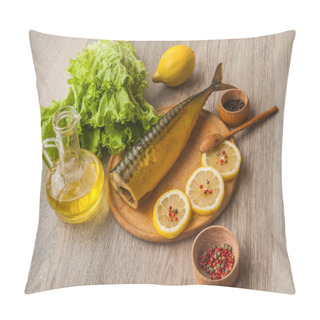 Personality  Mackerel Smoked  And  Lemon On A Cutting Board  On The Kitchen Table Pillow Covers