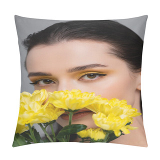 Personality  Young Woman With Yellow Eyeshadows Covering Face With Blooming Flowers Isolated On Grey Pillow Covers