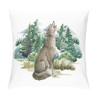 Personality  Wolf Animal In Forest Landscape. Watercolor Illustration. Wild Howling Wolf In Forest Scene. Festive Print Image. Furry Grey Animal In Wild Forest Herbs, Bushes And Fir Trees. Side View Forest Animal Pillow Covers