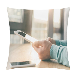 Personality  Cropped View Of Man Holding Digital Tablet Near Smartphone On Table Pillow Covers