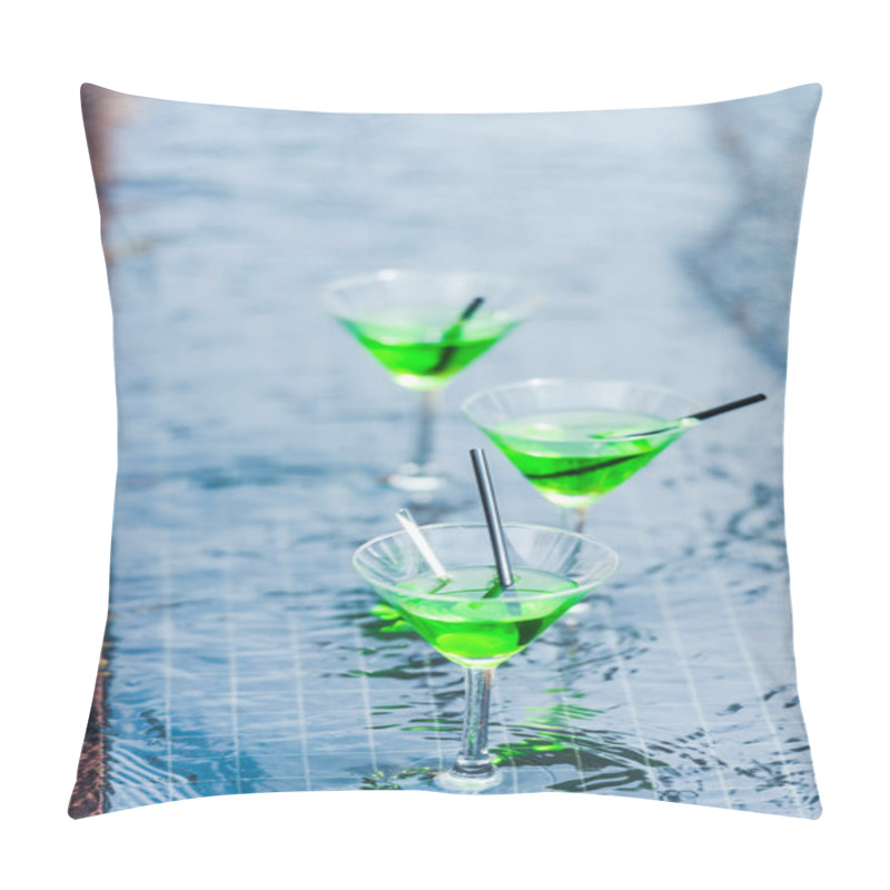 Personality  Close Up View Of Glasses With Green Cocktails With Straws At Poolside Pillow Covers