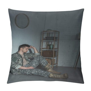 Personality  Lonely Military Veteran In Uniform Suffering From Emotional Distress At Home At Night  Pillow Covers