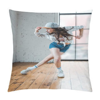 Personality  Young Woman In Denim Shorts Touching Cap And Dancing Hip-hop  Pillow Covers