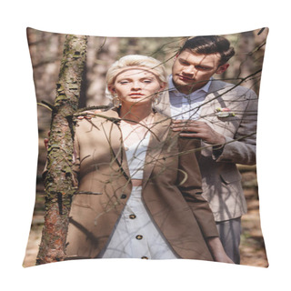 Personality  Stylish Man Gently Embracing Blonde Bride In Forest Pillow Covers