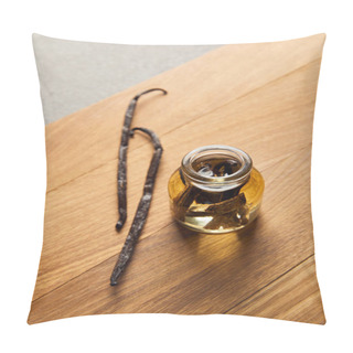Personality  Top View Of Essential Oil With Vanilla Pods On Wooden Surface Pillow Covers
