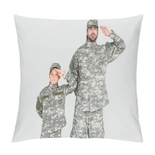Personality  Portrait Of Confident Soldier And Son In Military Uniforms Saluting Isolated On Grey Pillow Covers