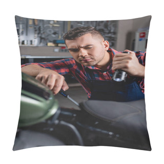 Personality  Mechanic Using Flashlight And Screwdriver During Diagnostics Of Motorbike Pillow Covers