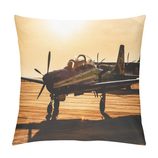 Personality  Campo Grande, Brazil - September 09, 2018: Esquadrilha Da Fumaca Airplane (FAB) Landed At The Air Base After The Air Show Presentation, Photo At Sunset. A-29 Super Tucano Plane.  Pillow Covers