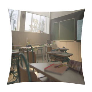 Personality  Classroom At School Campus. Wooden Desks And Chairs In Private School Auditorium Pillow Covers