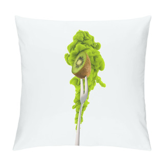Personality  Half Of Kiwi On Fork And Green Ink Isolated On White Pillow Covers