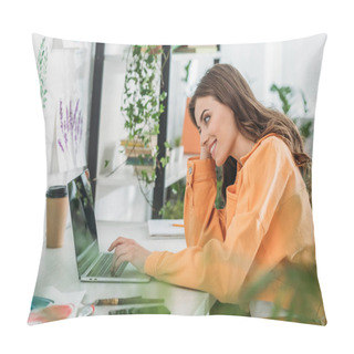 Personality  Selective Focus Of Cheerful Young Woman Siting At Desk, Smiling And Using Laptop  Pillow Covers