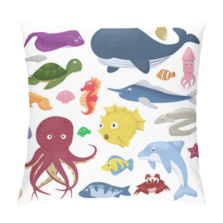 Personality  Sea Animals Vector Water Plants Ocean Fish Cartoon Illustration Undersea Water Marine Aquatic Character Life. Pillow Covers