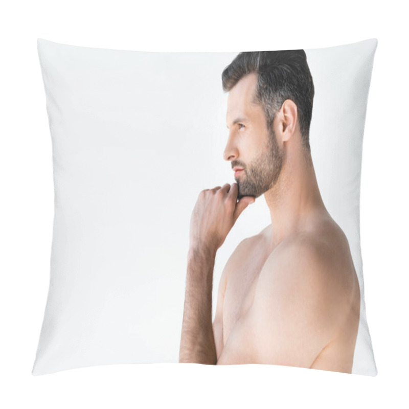 Personality  side view of shirtless man thinking and touching face isolated on white  pillow covers