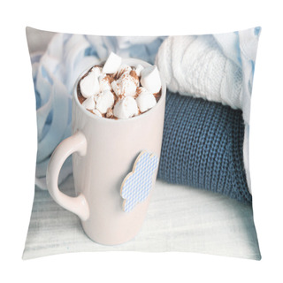 Personality  Winter Cocoa Marshmallow Mug Knitted Sweater On Wooden Backgroun Pillow Covers
