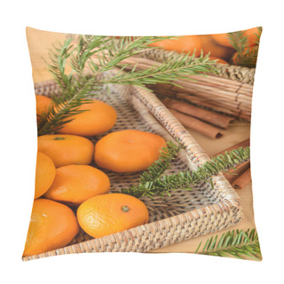 Personality  Wicker Trays With Tangerines, Fir Branches And Cinnamon On Wooden Background, Closeup Pillow Covers