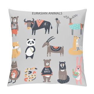 Personality  Set Of Diferent Cartoon Eurasian Animals. Cute Handdrawn Kids Clip Art Collection. Vector Illustration Pillow Covers