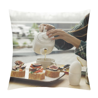 Personality  Cropped Shot Of Girl Pouring Tea From Teapot While Having Breakfast   Pillow Covers