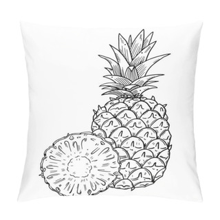 Personality  Composition Of A Whole Pineapple And A Half Cut Of Fruit On A Background. Black Outline Image On A White Background. Doodle Style.. Pillow Covers