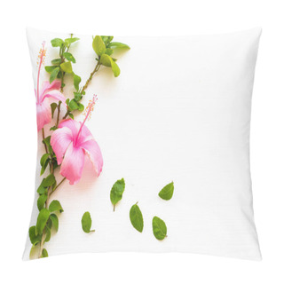 Personality  Pink Flowers Hibiscus Local Flora Of Asia With Leaf Arrangement Flat Lay Postcard Style On Background White Wooden Pillow Covers