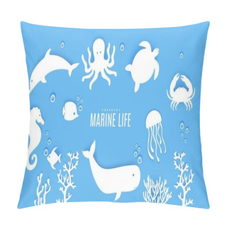 Personality  Set Ot Silhouette Of Marine Life Cut Out Of Paper. Sea Horse Jumping Dolphin Whale Crab, Octopus, Fish, Algae, Medusa, Turtle. Collection Papercut 3d Element. Vector Ocean Day Concept Elements Pillow Covers